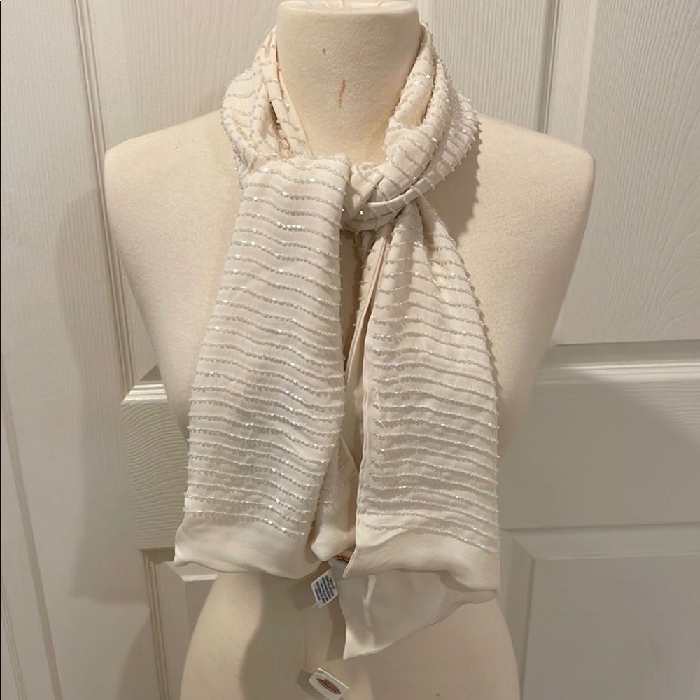 NWT Vintage Talbot's Silk Cream Beaded Scarf Japan